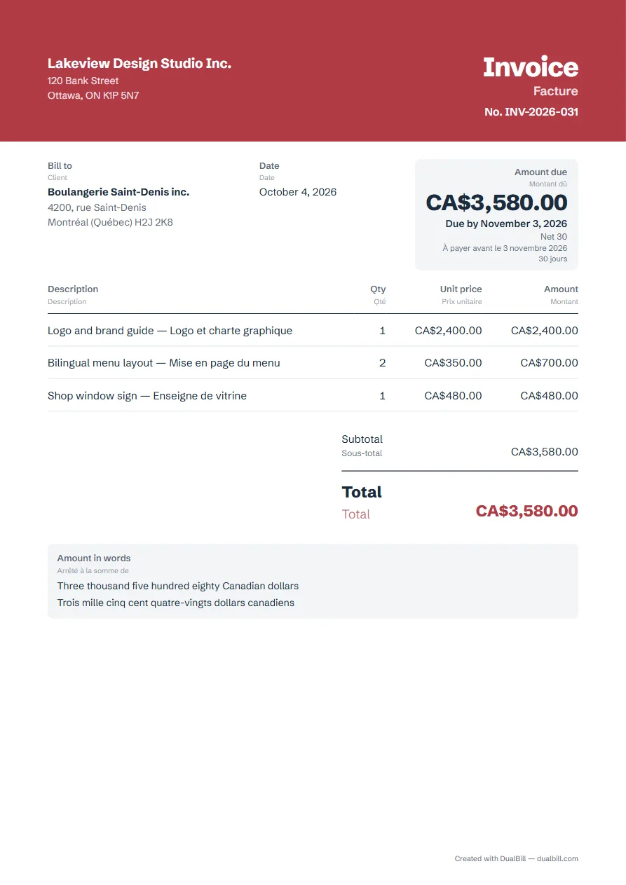 Example of an English–French invoice: an Ottawa design studio billing a Montréal bakery in Canadian dollars, three lines, every label followed by its French translation, total written in words in English and French.