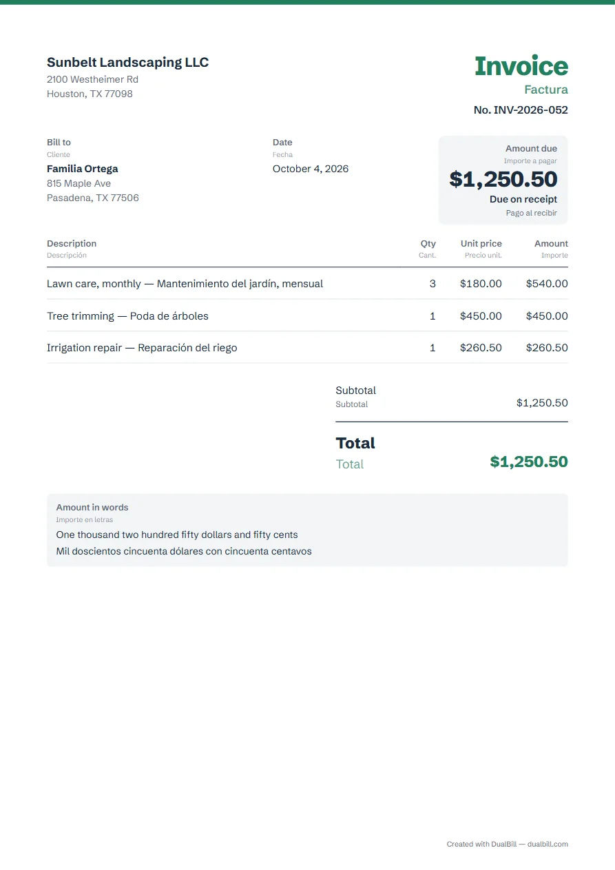 Example of an English–Spanish invoice: a Houston landscaping company billing a family, three lines with English and Spanish descriptions, every label followed by its Spanish translation, total in words in both languages.