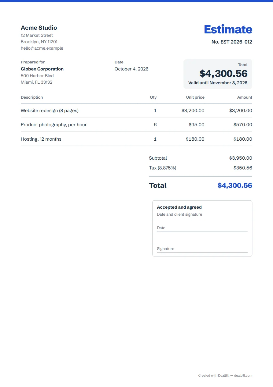 Sample estimate: Acme Studio for Globex Corporation, three line items, sales tax, valid for 30 days, with an “Accepted and agreed” box at the bottom.