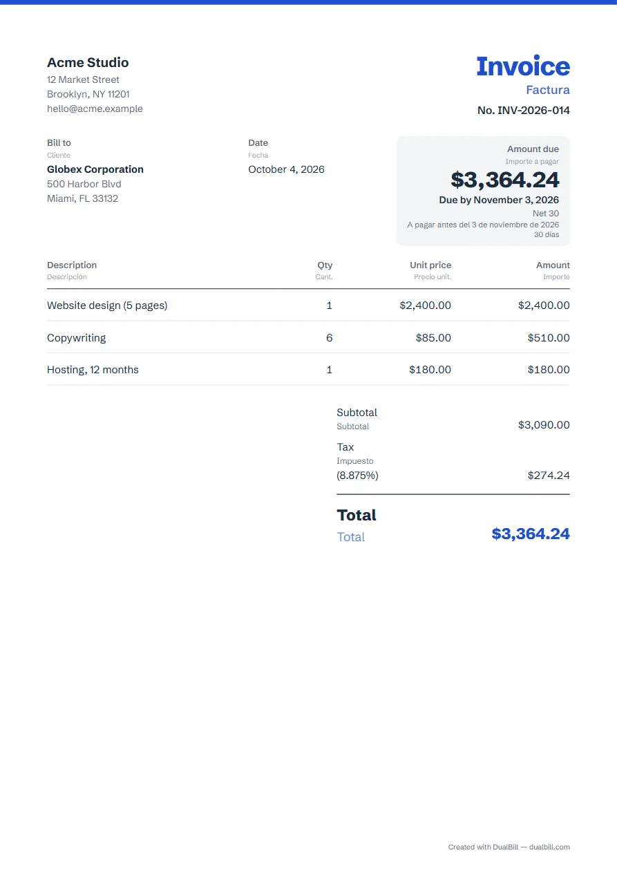Sample invoice in English and Spanish: Acme Studio in Brooklyn billing Globex, three lines, sales tax, amount due in US dollars with a 30-day due date.