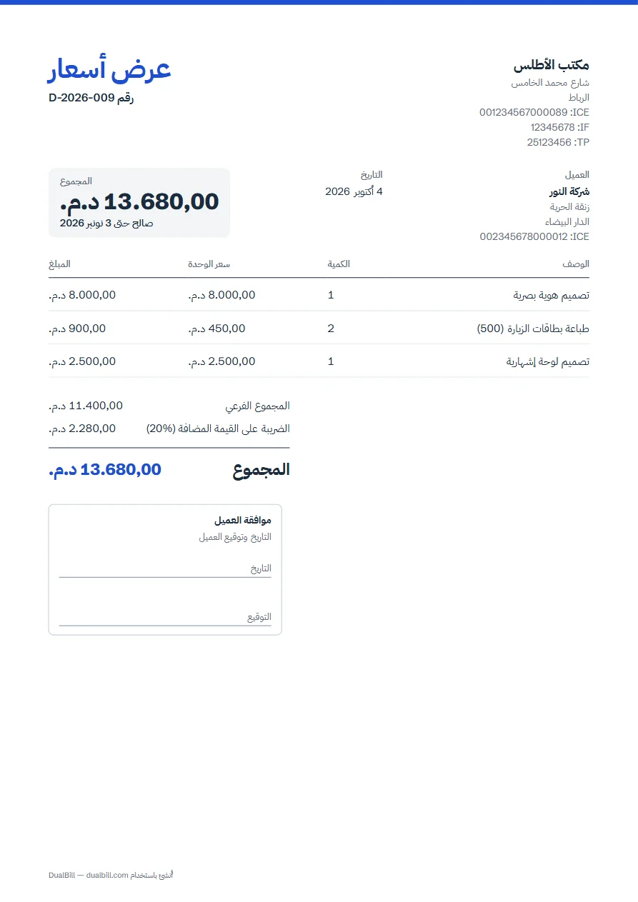 مثال عرض أسعار: مكتب الأطلس لشركة النور، ثلاثة بنود، الضريبة على القيمة المضافة 20%، صالح 30 يومًا، مع خانة «موافقة العميل» في الأسفل.