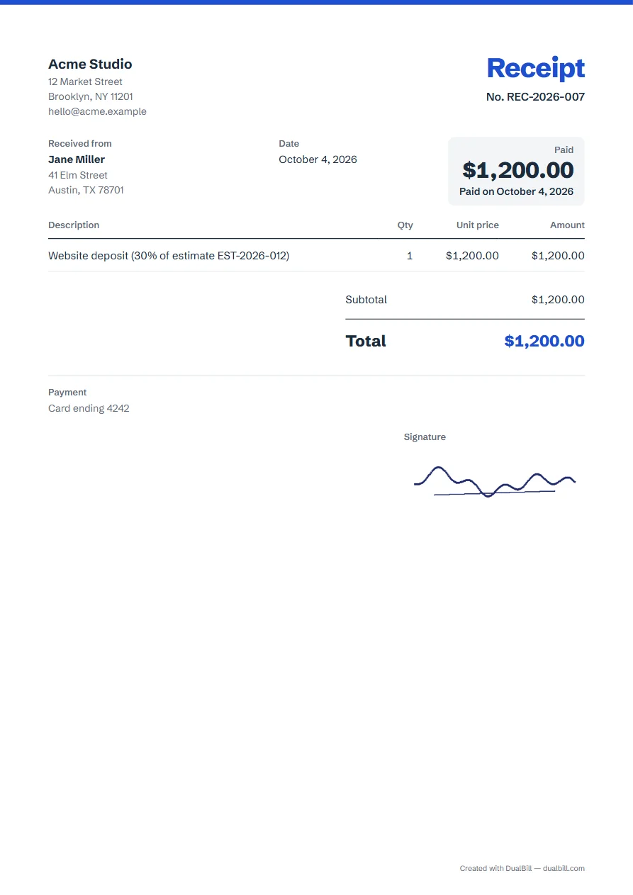 Sample receipt: Acme Studio received 1,200 US dollars from Jane Miller for a website deposit, paid by card, with a “Paid” box and a signature.