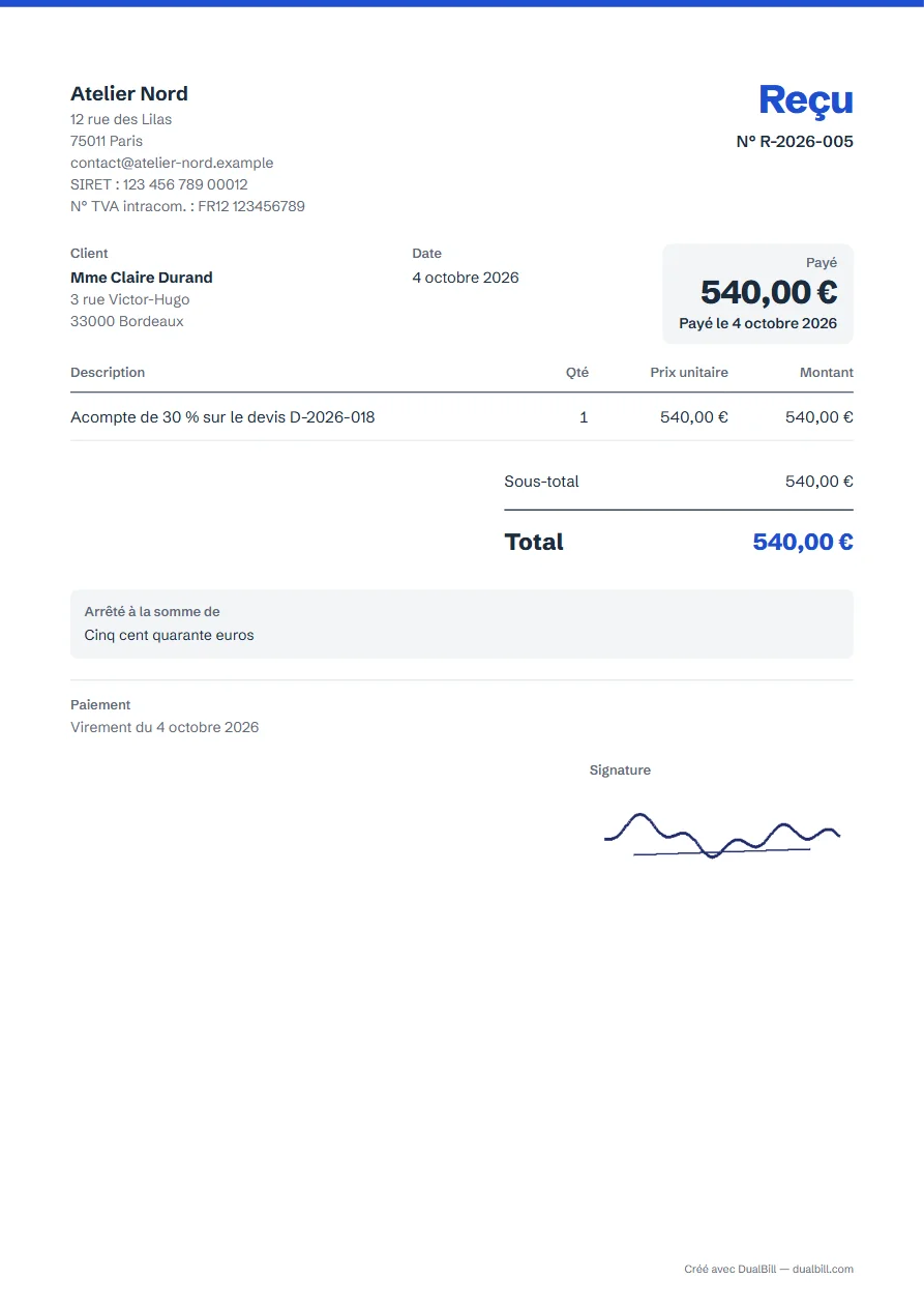 Exemple de reçu : Atelier Nord a reçu 540 euros de Mme Claire Durand pour un acompte, payé par virement, montant écrit en lettres, signature en bas.