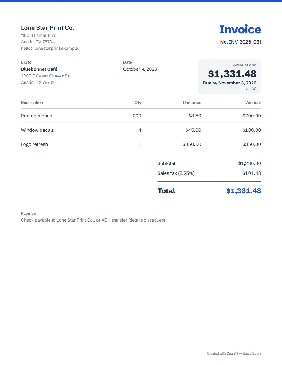 US invoice with sales tax on Letter paper, Classic template