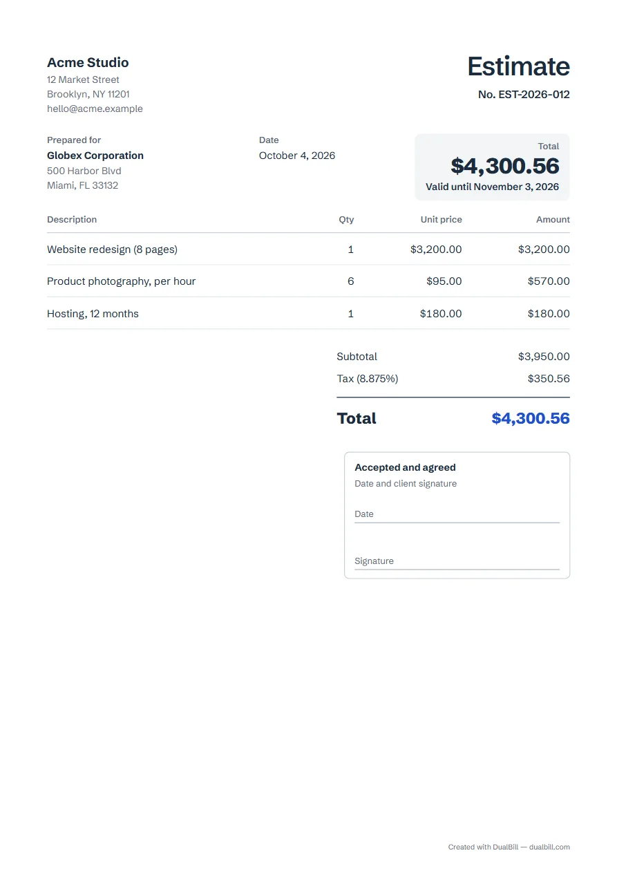 Estimate with a client signature box, Minimal template