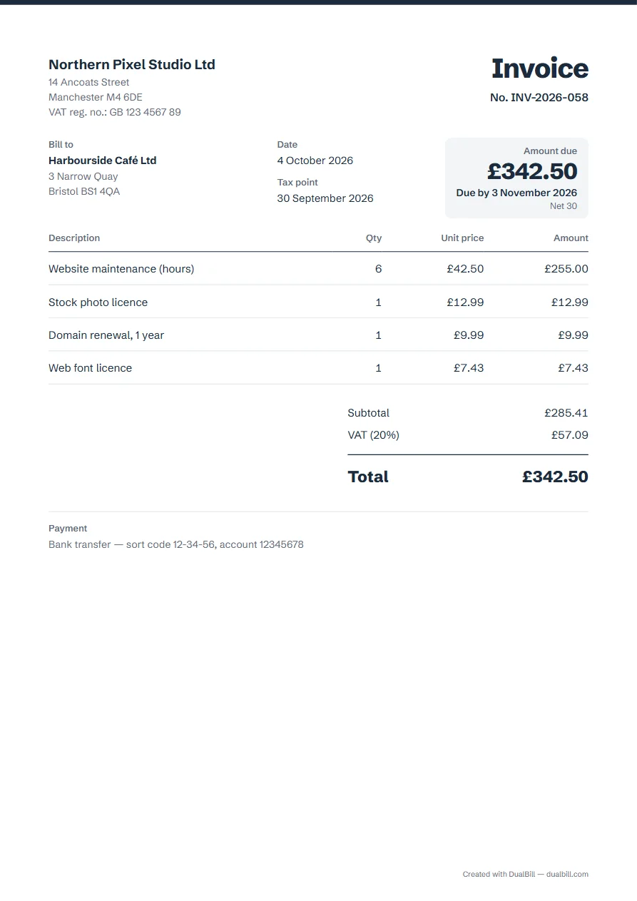 Example of a UK VAT invoice: a Manchester web studio billing a Bristol café in pounds, VAT registration number, date and separate tax point, four lines at 20% VAT, total VAT £57.09 with each line rounded to the nearest penny.